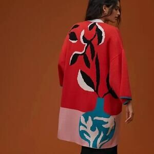 Anthropologie Sweater OS Red Floral Laetitia Rouget Botanical Kimono Cardigan